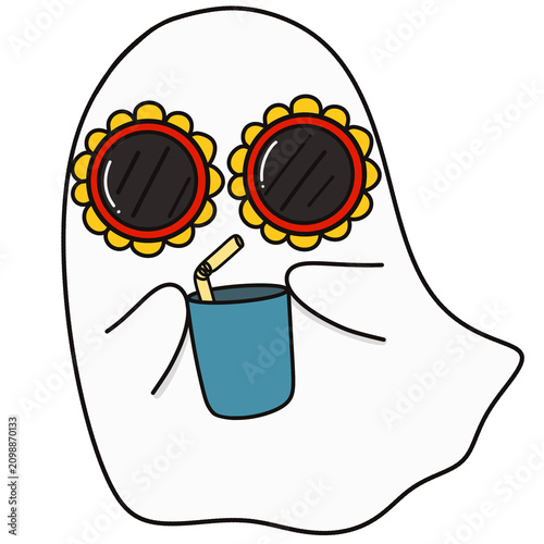 Fotografie Halloween Cute Ghost Wearing Flower Sunglasses Drinking from Cup Illustration