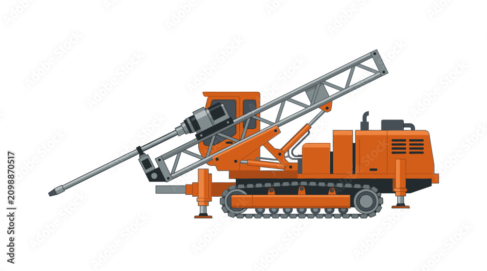 Obraz premium A large orange drilling rig with a long metal drill arm on tracks, set against a plain white background.