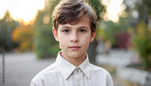 Young boy in a collared shirt, outdoors, autumn