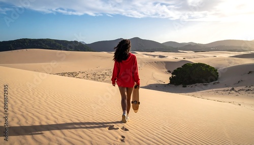 Woman with skateboard walks on sand dunes
