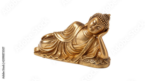Cuadro en lienzo Golden statuette of reclining Buddha in serene pose isolated on transparent back