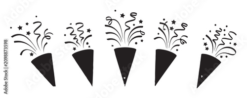 Photos Black and white party popper icon set with streamers and stars, isolated on transparent background