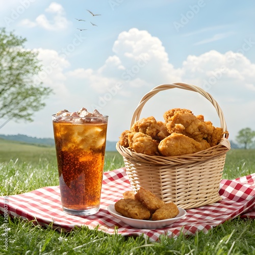 Golden fried chicken and dark iced cola isolated with real transparent background for branding