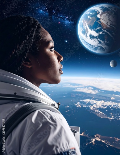 Woman in space suit gazes at Earth and stars