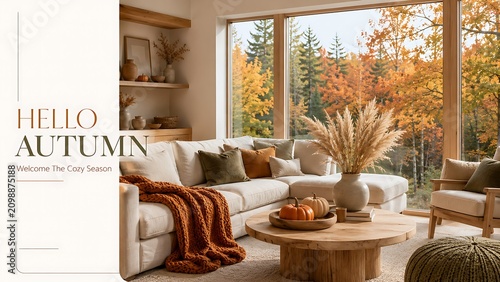 Modern living room interior featuring a comfortable sofa with pumpkins and seasonal autumn harvest decor