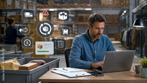 Man in warehouse actively managing inventory and supply chain operations using laptop, enhanced by augmented reality graphics displaying real-time logistics data, package tracking, and return processi