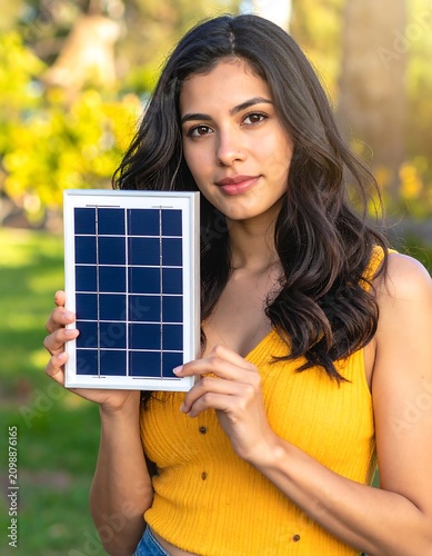 Woman with solar panel, outdoor setting, natural light