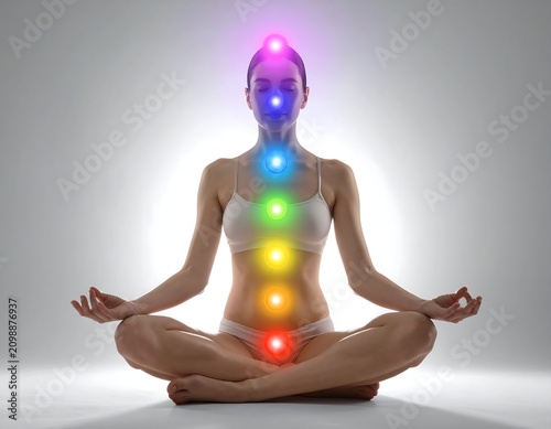 Woman meditating with glowing chakras in alignment