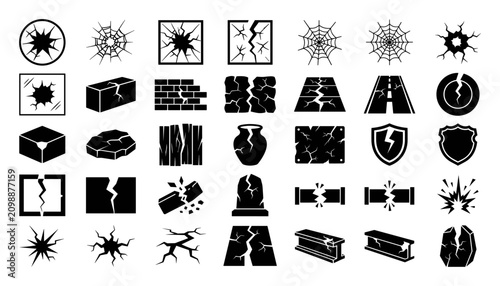 Canvas Print Set of isolated black cracked and broken icons including glass, wall, road, spid