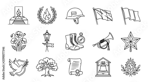 Foto Veterans Day Icons: Poppy, Helmet, Flag, Boots, Torch, Star, Dove, Bell, Laurel