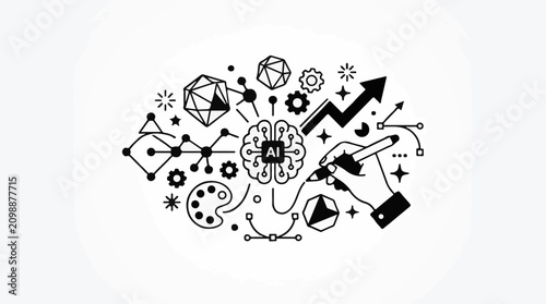 Abstract illustration of AI and creativity symbols with a hand drawing