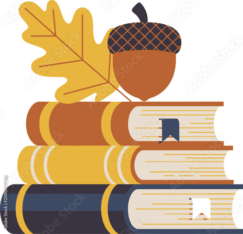 Stack of books with acorn and oak leaf fall season harvest