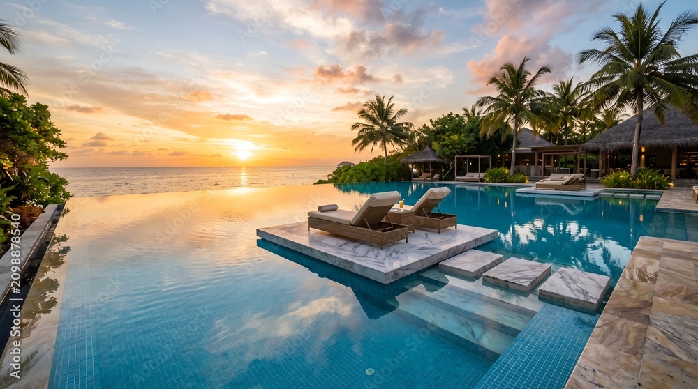 Fototapeta premium Swimming pool infinity edge features two lounge chairs sitting on a platform overlooking a tropical ocean sunset.