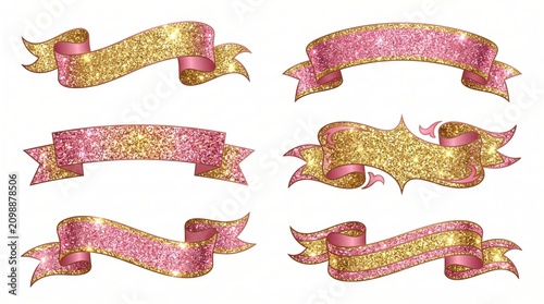 Set of Pink and Gold Glitter Ribbon Banners, Sparkling Vector Illustration for Celebration Design