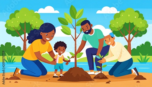 Four children enjoying outdoor picnic under trees together.