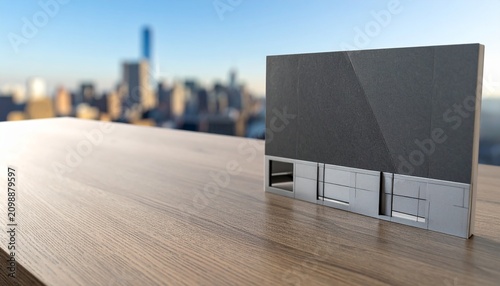Modern laptop on wooden desk with city skyline view.