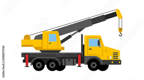 Fotografie A yellow truck with a crane on the back against a clean white background