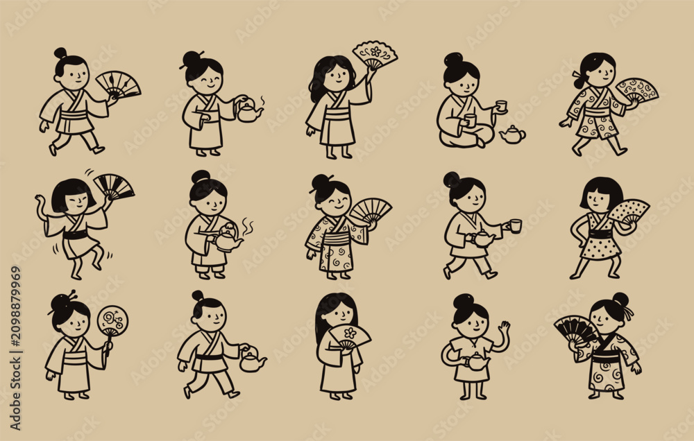 Obraz premium Japanese traditional culture and kimono fashion doodle set featuring cute cartoon characters holding folding fans pouring tea and wearing yukata costumes