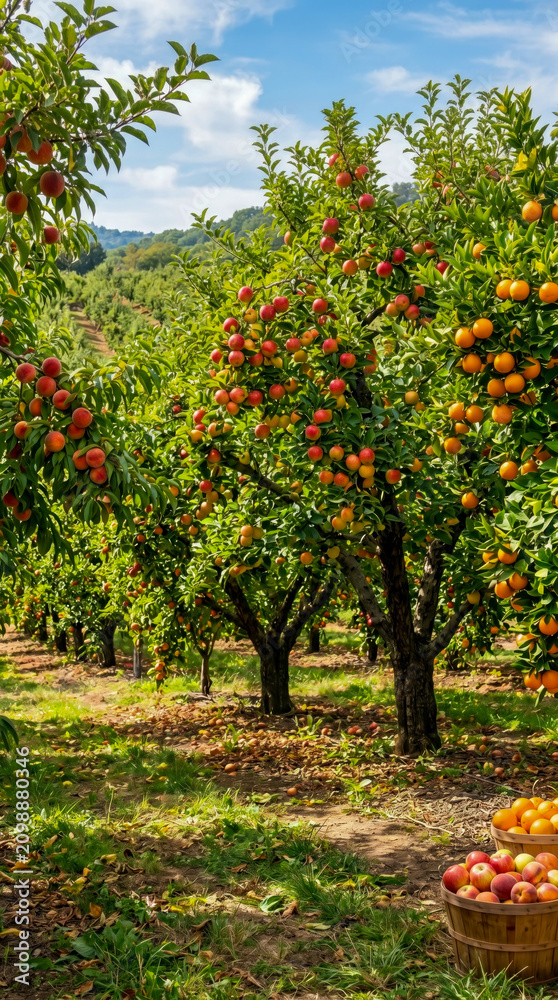 Fototapeta premium Lush Apple Orchard with Ripe Fruit Hanging on Branches and Full Wooden Baskets Resting on Ground Under Bright Blue Sky During Productive Late Summer Harvest Season