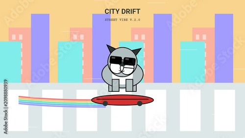 Cartoon cat on skateboard with rainbow trail