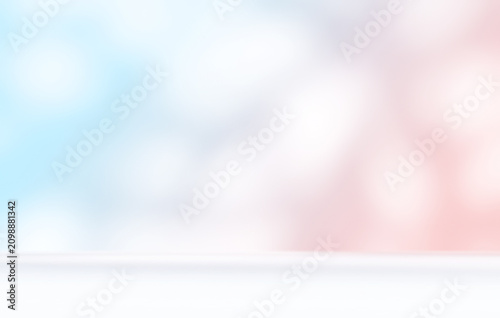 Empty pastel blue pink orange room studio with leaves shadow effect overlay. Sunlight effect shadows through window. Product presentation display room. Cosmetic showroom. Minimal mock up backdrop.