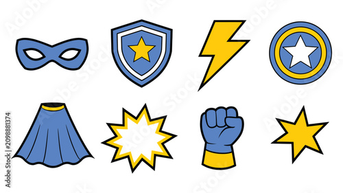 Superhero icon set with blue and yellow costume elements, heroic accessories, and power symbols for vector illustration