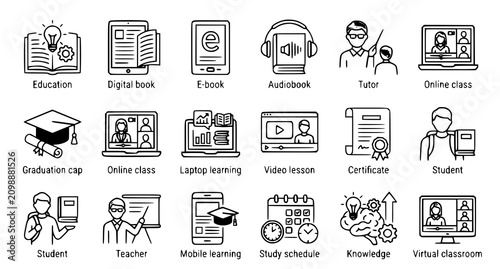 Bild auf Leinwand Online Education Icon Set with Digital Learning E Book Audiobook Tutor and Dista