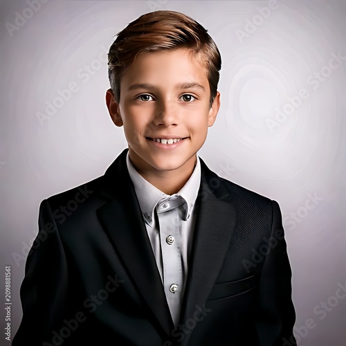 Young boy smiling in formal suit and shirt