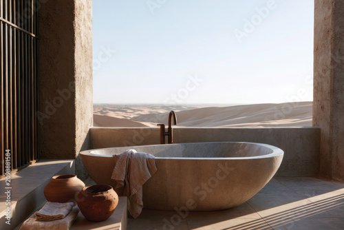 A luxurious bathtub in a beautifully designed bathroom, harmonizing with the stunning desert landscape outside, a perfect blend of elegance and tranquility for relaxation.