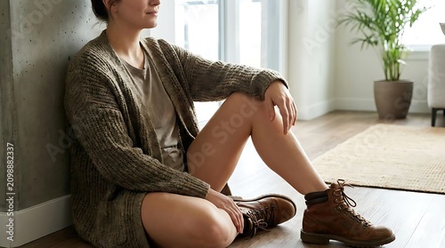 Woman Leaning Against Wall in Bright Interior