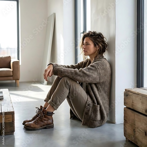 Woman in warm sweater sitting by large studio window.