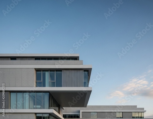 Modern Geometric Architecture Facade Featuring Minimalist Horizontal Lines and Glass Windows Under a Clear Blue Summer Sky