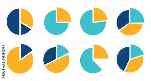 Pie and donut chart icon set with colorful infographic, business report, and analytics symbols for vector illustration
