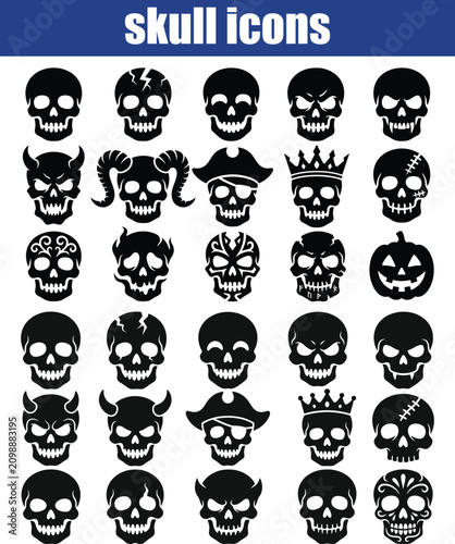 Skull Icons Collection Black Silhouettes On White Background