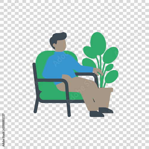 Man Sitting in Armchair Next to Potted Plant