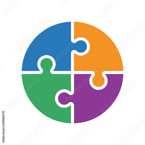 Four colorful puzzle pieces forming a circle, symbolizing teamwork and unity.