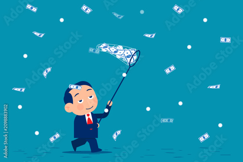 Cute little business. Energetic businessman running with a butterfly net to catch flying money bills and coins representing financial pursuits.
