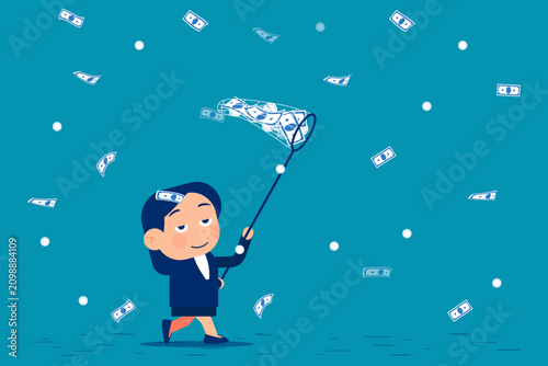 Cute little business. Energetic businesswoman running with a butterfly net to catch flying money bills and coins representing financial pursuits.