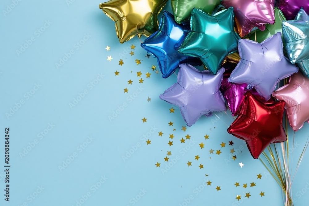 Fototapeta premium The Colorful Star Balloons Create Festive Vibe with Metallic Shine on Blue Background
