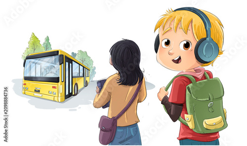 Cuadro en lienzo Niño tomando el autobús para ir a la escuela, dibujo aislado
