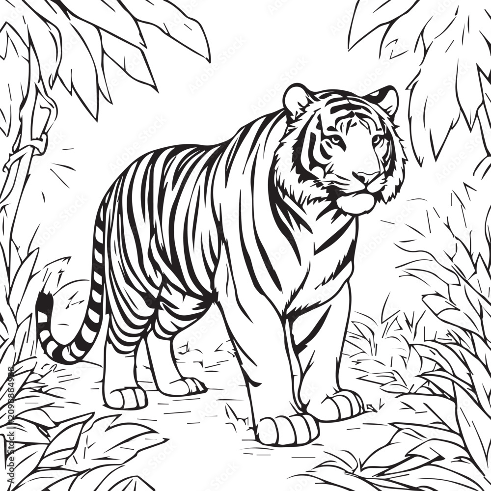 Obraz premium Detailed line drawing of a majestic tiger standing amidst tropical jungle foliage coloring page style with predator illustration coloring wildlife