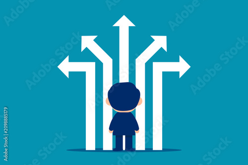 Back view of thoughtful young businessman with two pointers on concrete background, deciding which way to go. Decision and way concept.