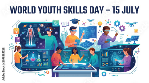 Diverse young students exploring digital technology skills in this colorful flat vector graphic design illustration concept