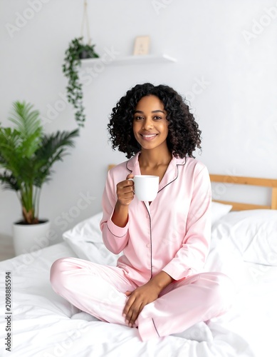 Woman in pink pajamas sips coffee in bed