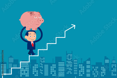 Confident businessman investor hold wealthy piggy bank walking up rising arrow stock market bar. Growth stock, prosperity economic or growth return in savings and investment.