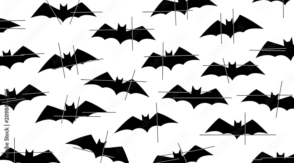 Fototapeta premium Bat silhouettes flying in repetitive pattern on white background, no seamless