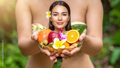 Woman offers fresh fruit and flowers in hands