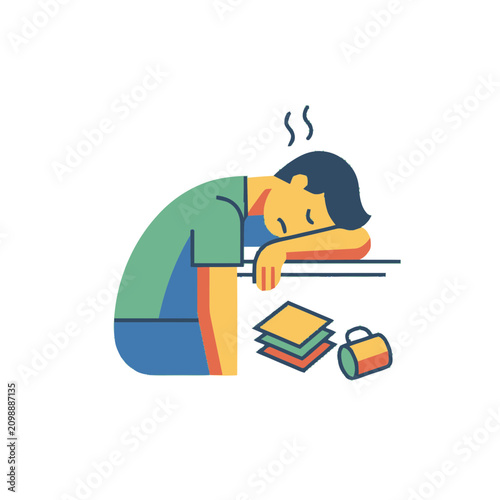 Obraz na plátně Exhausted person sleeping on desk with papers and coffee mug, burnout concept il
