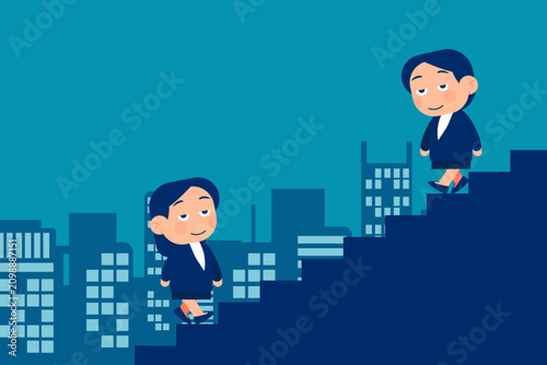 Business replacement. Up and Down. One businesswoman walking up the top of the stairs and another walking gdown the top