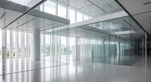 Modern empty office building interior with large glass windows and bright natural light in a contemporary skyscraper